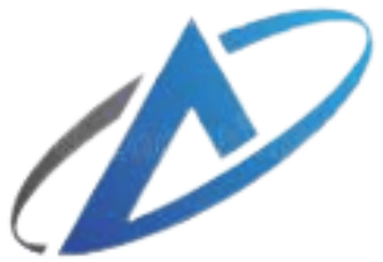 A stylized blue triangle with a black swoosh around it, resembling a tilted letter "A".